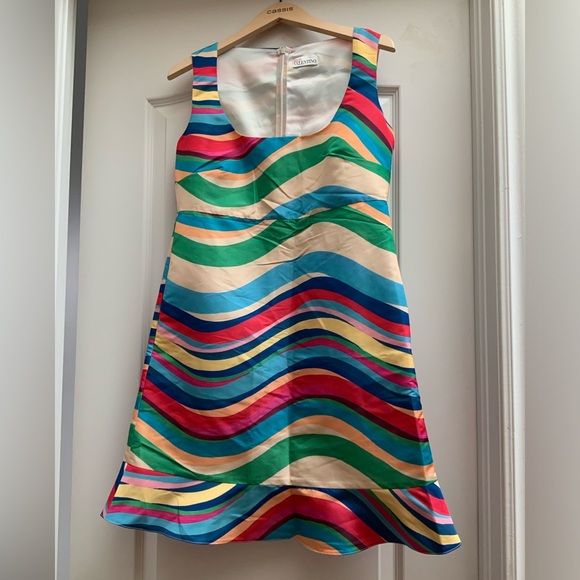 VALENTINO GARAVANI S.P.A. RED Multicolour Wave Knee Length Dress Women SZ Medium - Picture 2 of 16